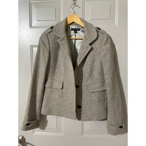 Banana Republic Wool Blazer Womens M Gray Excellent Herringbone Epaulette Jacket